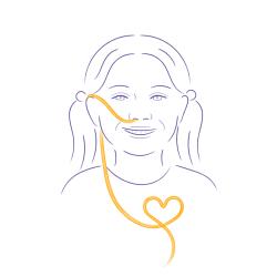 Line drawing of a child with a golden feeding tube
