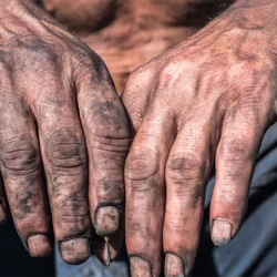 Close up: dirty miner's hands, resting