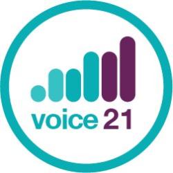 Logo for Voice 21, a series of blue and purple bars and text