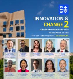 Image of conference flyer, depicting headshots of conference speakers. A mix of males and females of different ethnicities and ages. The primary background image is a building against a blue sky. The text is about the conference timings, content and logistics.