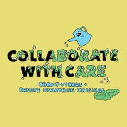 Cartoon watering can watering the phrase 'Collaborate with Care'
