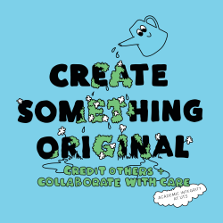 Cartoon watering can watering the phrase 'Create Something Original'