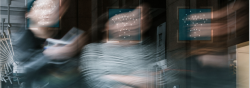 Blurred images of people walking in an urban environment