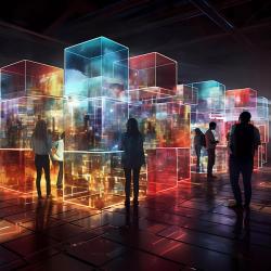 People exploring a 3D artwork of cubes and lights