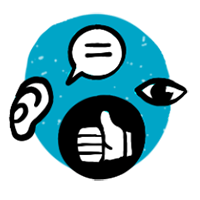 Ear, speech bubble, eye and thumbs up icon in turquoise background