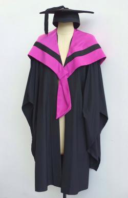 Black Bachelor gown, fuschia Bachelor hood for Faculty of Health and a black trencher