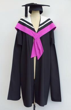 Black Master gown, fuchsia Master hood for Faculty of Health and a black trencher