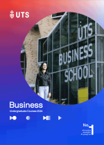 Course guide cover: woman stands in front of UTS Business school building. Text: Business Undergraduate Courses 2024.